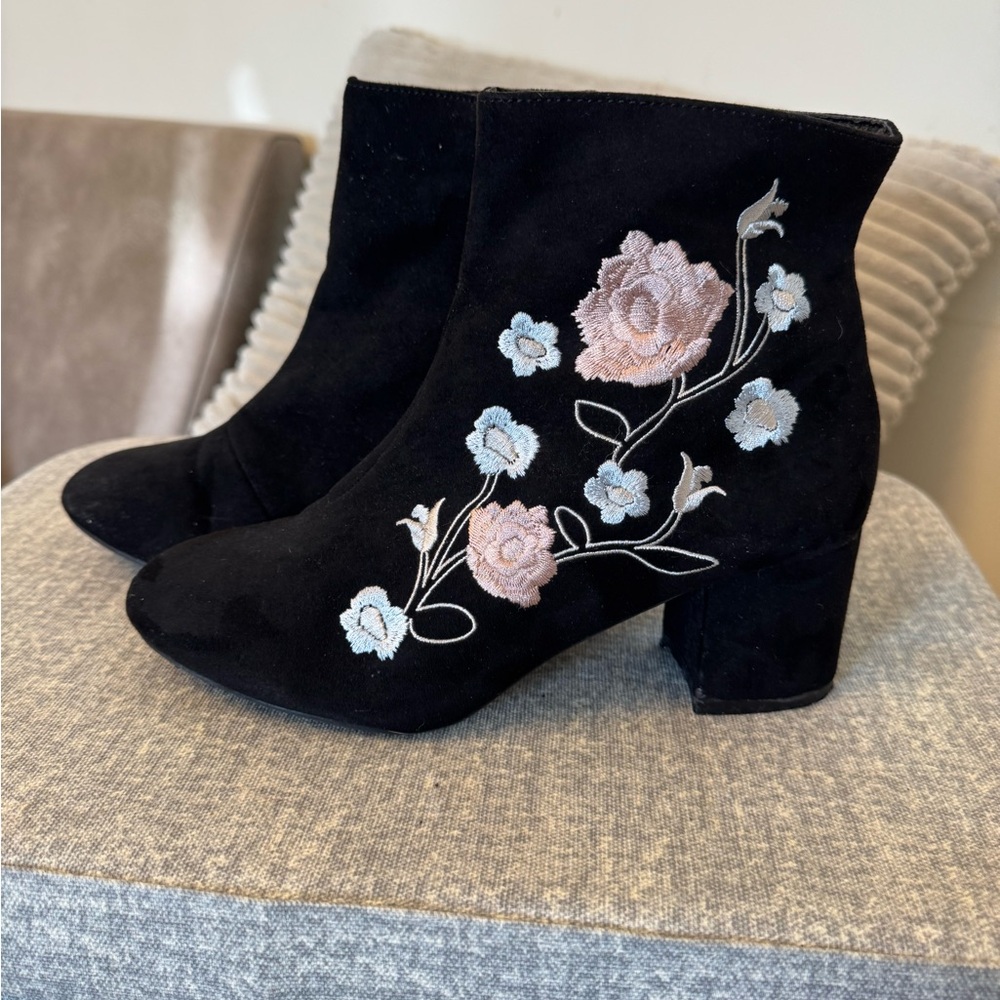 Wanted Black Ankle Booties with Floral Embroidery